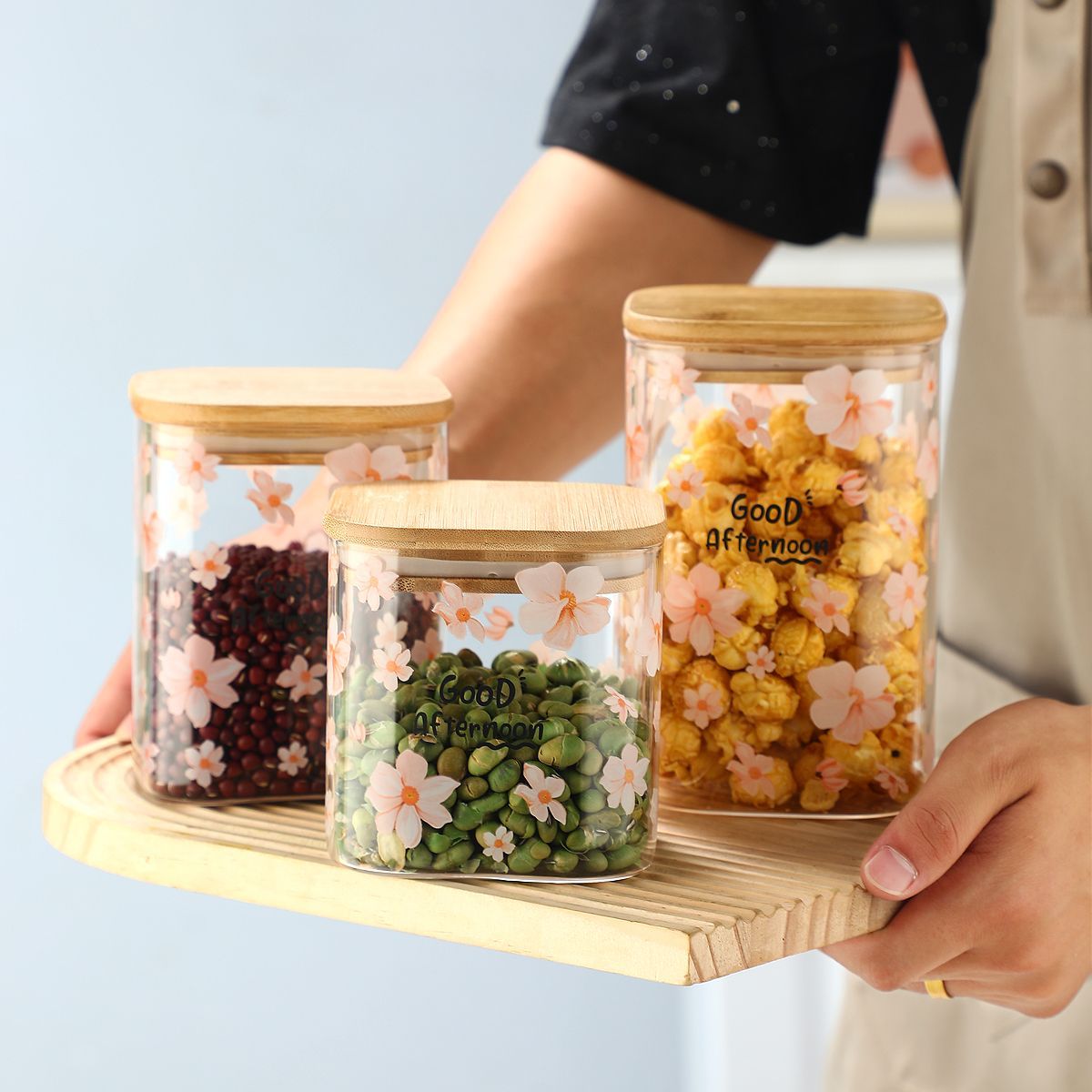 Barattolo di bambù con coperchio, barattolo di tè, barattolo di cereali, barattolo di spezie, barattolo di snack, barattolo quadrato di vetro, 3 pezzi, caramelle, caffè con_voghion.com