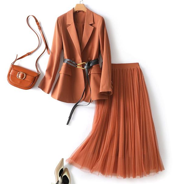 Women's High-end Temperament Slim Fit 2024 Autumn Fashionable Waist Small Suit Mesh Skirt Two-piece Set_voghion.com