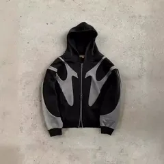 Men's Clothing Streetwear Hooded Zip-Up Sweatshirt With Patchwork Print, Y2K Harajuku Style Unisex Pullover, Loose Fit Casual Hip Hop Jacket