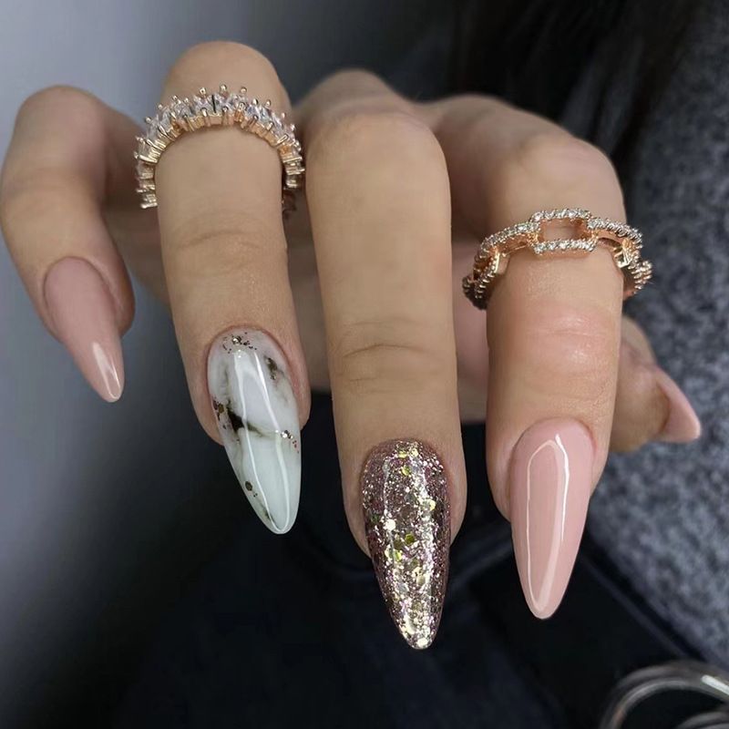 Nails False 24Pcs With Glue Almond Pink Butterfly Design Detachable Rhinestones Acrylic Fake Nails Long Stilet_voghion.com