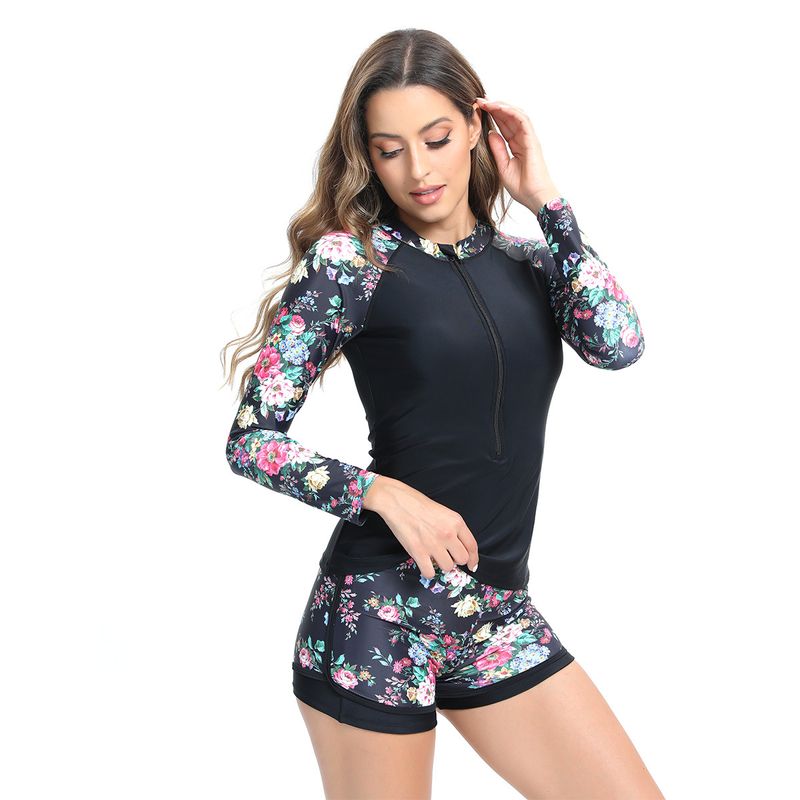 Modest Long Sleeve Bikini Set - Floral Print UPF 50+ Swimwear For Women Conservative Two-Piece Swimsuits With High Neck & Adjustable Bottoms_voghion.com