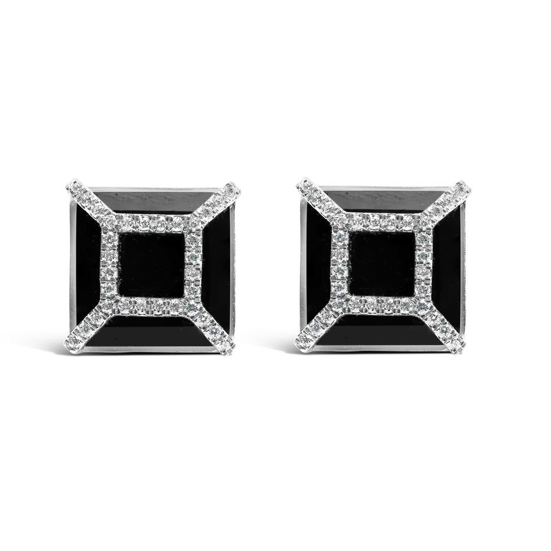 14K White Gold 3/8ct Diamond with 11x11MM Black Onyx Stud Earrings (G-H Color, SI1-SI2 Clarity)_voghion.com