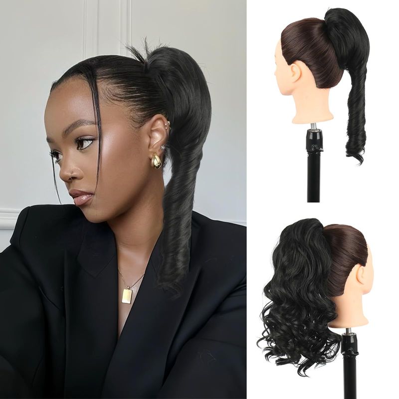 Synthetic Clip-in Short Curly Wig Ponytail Female Black Spiral Drawstring Ponytail_voghion.com