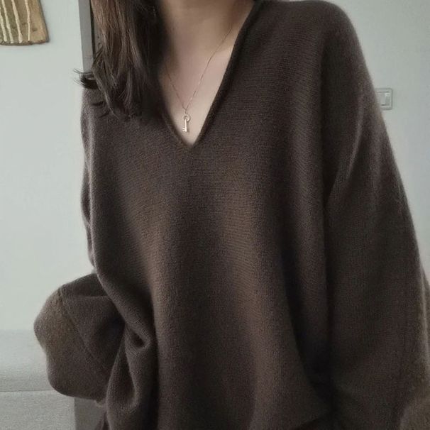 European V-Neck Lazy Style 2023 Spring Loose Soft Unique Super Beautiful Coffee Color Sweater Knitwear_voghion.com