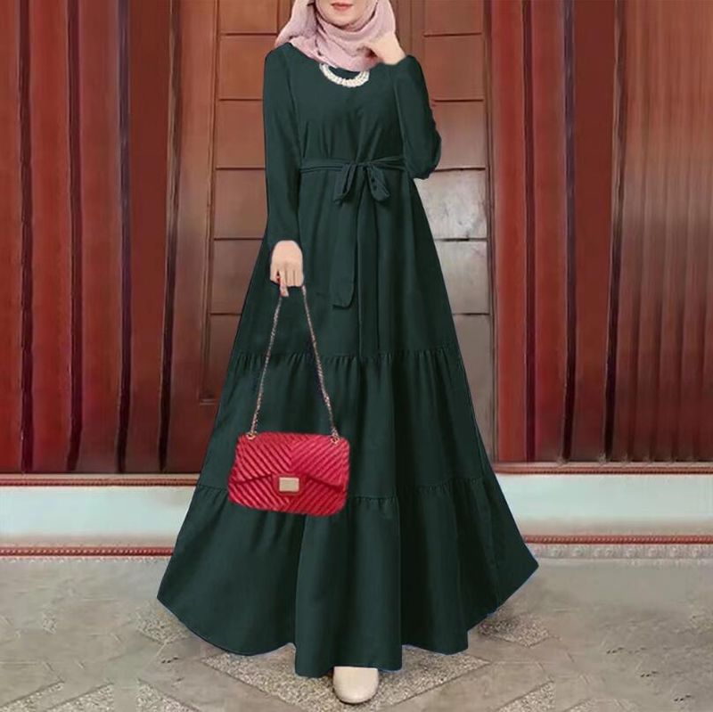 Women's Clothing 2310 & archer0603 & new Muslim women's clothing solid color long sleeve multi layer stitching waist ruffle hem women's dress_voghion.com