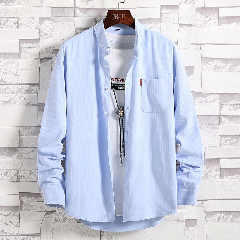 Ανδρικά Ρούχα Άνοιξη και Φθινόπωρο Ριγέ Πουκάμισο Ανδρικό Μακρυμάνικο Κορεάτικο Λεπτό Πουκάμισο Νεανικό Εξωτερικό Ρούχο Ιαπωνικό Χαλαρό Casual Πουκάμισο Μπουφάν_voghion.com
