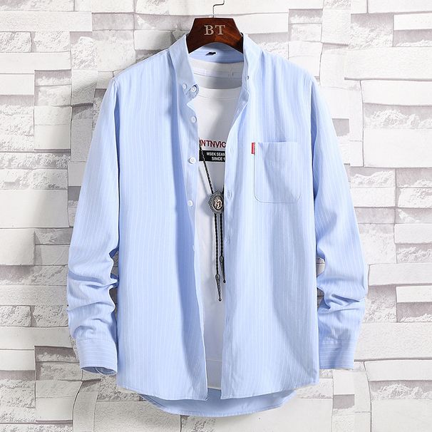 Ανδρικά Ρούχα Άνοιξη και Φθινόπωρο Ριγέ Πουκάμισο Ανδρικό Μακρυμάνικο Κορεάτικο Λεπτό Πουκάμισο Νεανικό Εξωτερικό Ρούχο Ιαπωνικό Χαλαρό Casual Πουκάμισο Μπουφάν_voghion.com