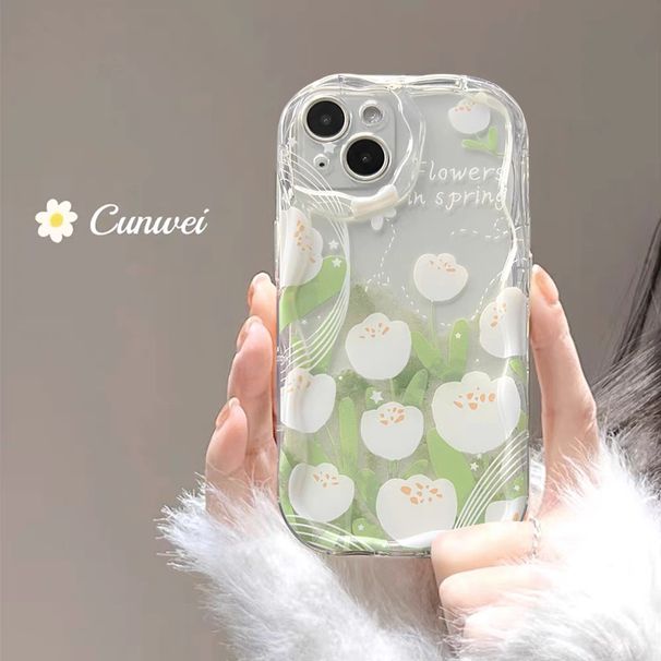 3D wave phone case Compatible for iPhone 15 14 13 12 11 PRO MAX XR XS X 8 7 6 6S PLUS clear quakeproof aesthetic White tulip & Butterfly phone case_voghion.com