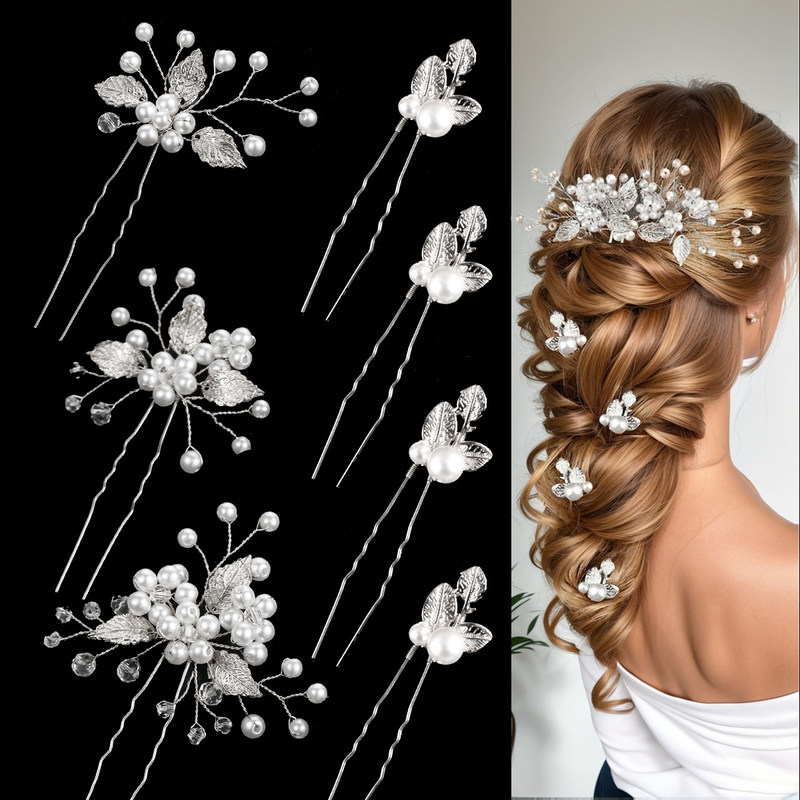 Coiffure de mariée transfrontalière européenne et américaine faite à la main en alliage de perles fleur épingle à cheveux ensemble mariage sept pièces combinaison de fourchette à cheveux_voghion.com