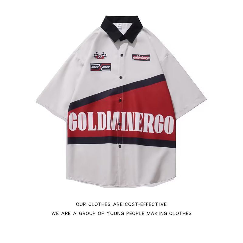 Men's Clothing National   letter stitching contrast color short-sleeved shirt men and women street retro ins loose oversize top_voghion.com