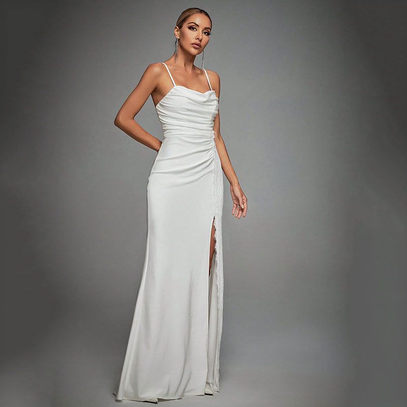 Women's tube top gathered slit satin dress skirt sexy slim hip hip dress spring_voghion.com