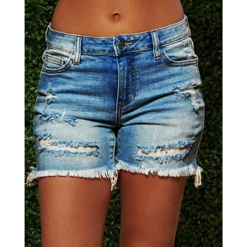 Damenbekleidung Zerrissene Quaste Damen High Stretch Denim Shorts_voghion.com