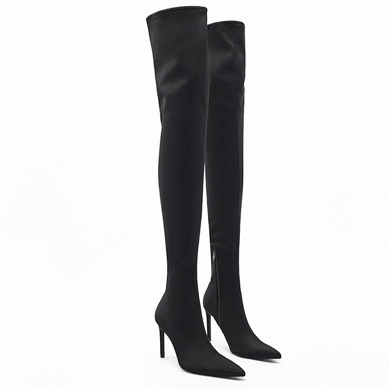 Bottes Heaps Bottes noires à talons hauts pointus et élastiques pour femmes, bottes skinny pour femmes_voghion.com