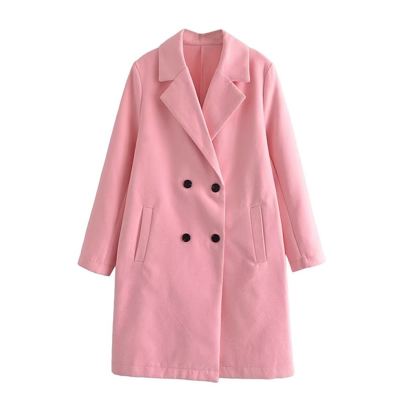 Women's small fresh lapel long sleeve double breasted design pink trench coat_voghion.com