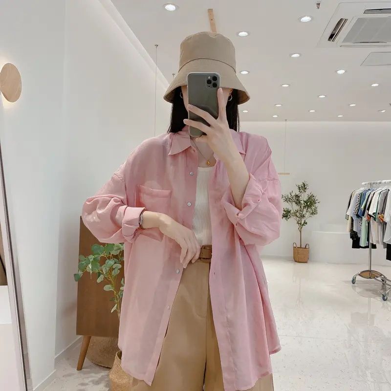 Abrikos Dame Sommer Tynd Cardigan Løs Skjorte Issilke Solbeskyttende Tøj Toppe Langærmet Solcreme Frakke Tide_voghion.com