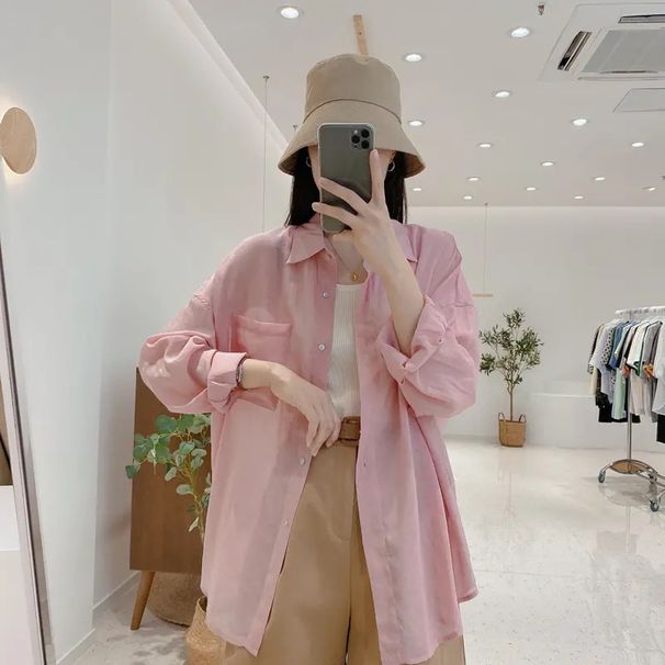 Abrikos Dame Sommer Tynd Cardigan Løs Skjorte Issilke Solbeskyttende Tøj Toppe Langærmet Solcreme Frakke Tide_voghion.com