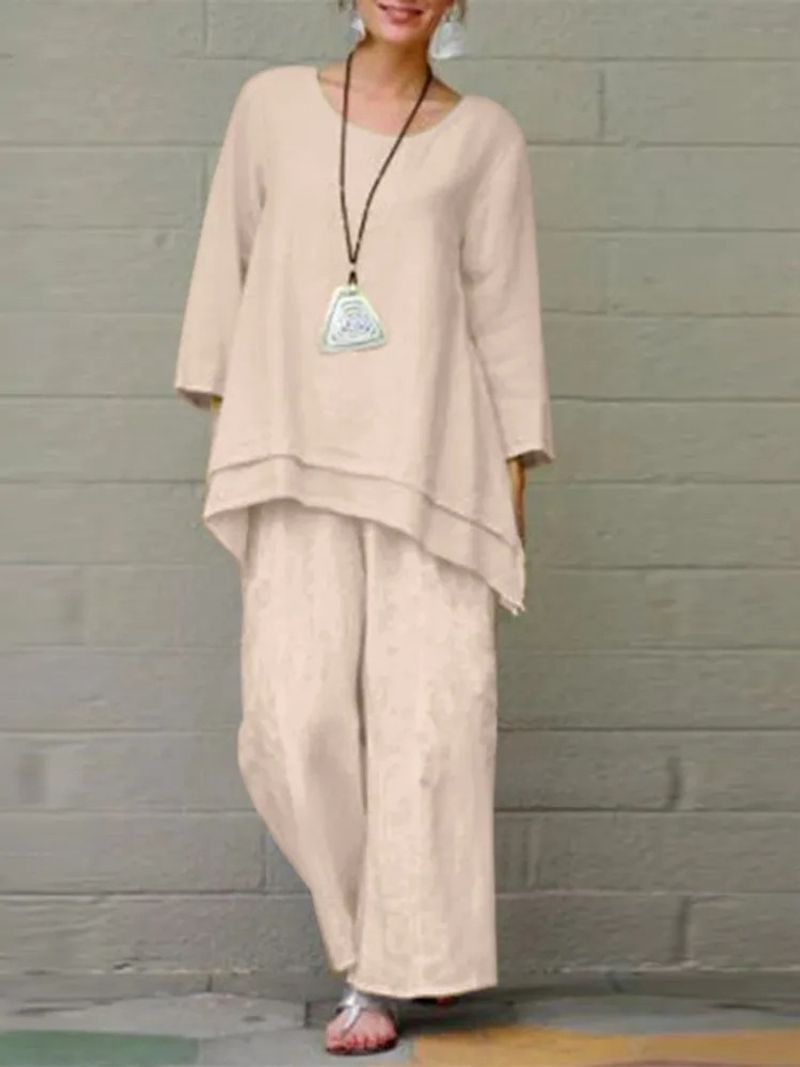 Women's solid color national style retro pants suit cotton and linen casual long-sleeved loose cotton suit_voghion.com