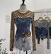 Damenbekleidung Real Shot Fashion Leopardenmuster Perspektive Hot Girl Mesh Splicing Denim Unregelmäßiges Bottoming Shirt Kurzes Top_voghion.com