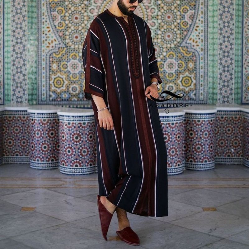 Men's Clothing Arabic black thin striped print loose Muslim robe in stock_voghion.com
