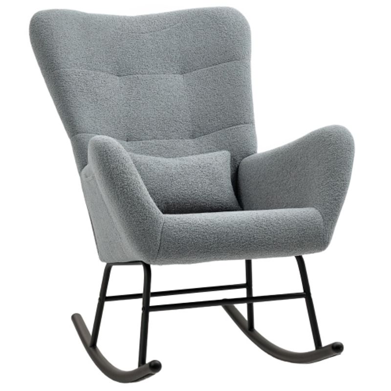 HOMCOM Schaukelstuhl, Schaukelsessel Mit Teddystoff-Optik, Armlehne, Stillsessel Mit Holzkufen, Lendenkissen, Relaxsessel Mit Seitentasche Für Wohnzimmer, Schlafzimmer, Grau_voghion.com