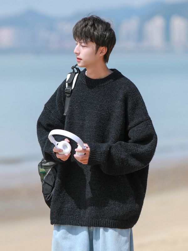 Sweater Men's Thick Crewneck Sweater Retro Loose Lazy Style Line Coat Top Trend_voghion.com