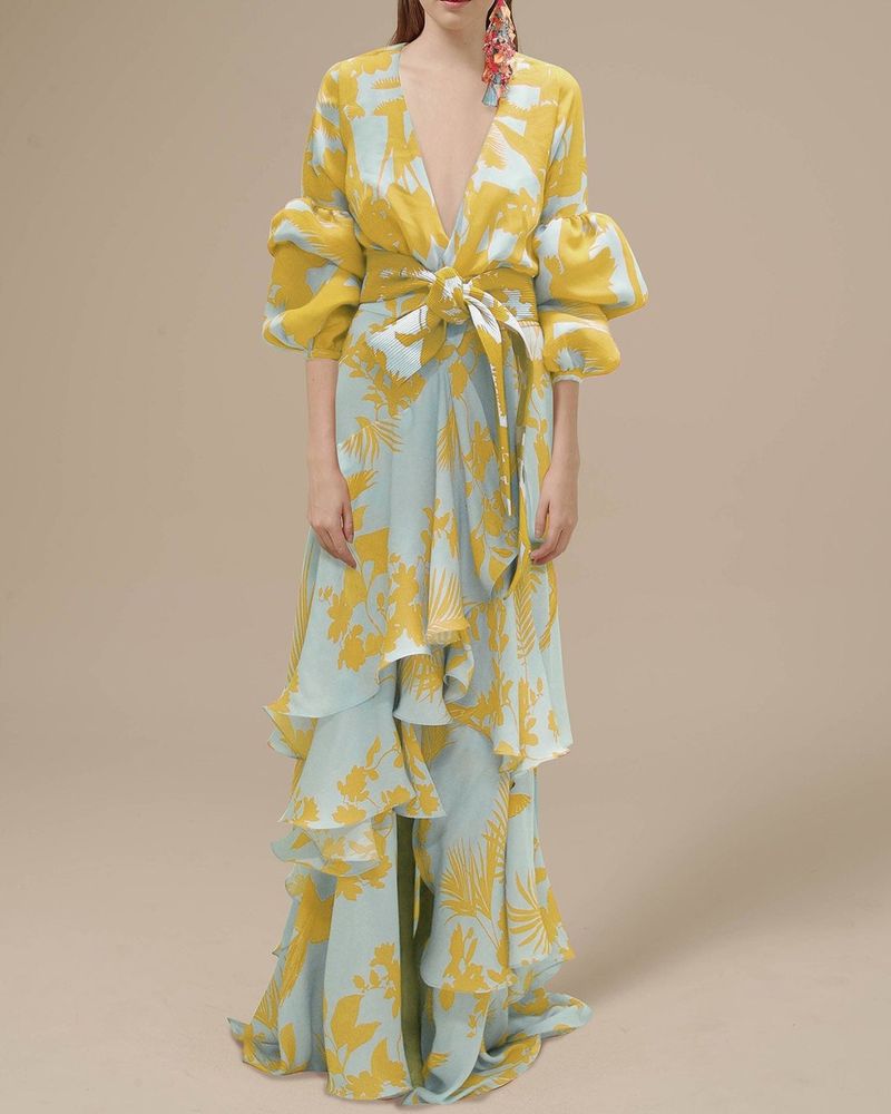 Damenbekleidung Mode bedrucktes Urlaubs-Chiffon-Kleid mit tiefem V-Ausschnitt, unregelmäßiger böhmischer langer Rock, weiblich_voghion.com