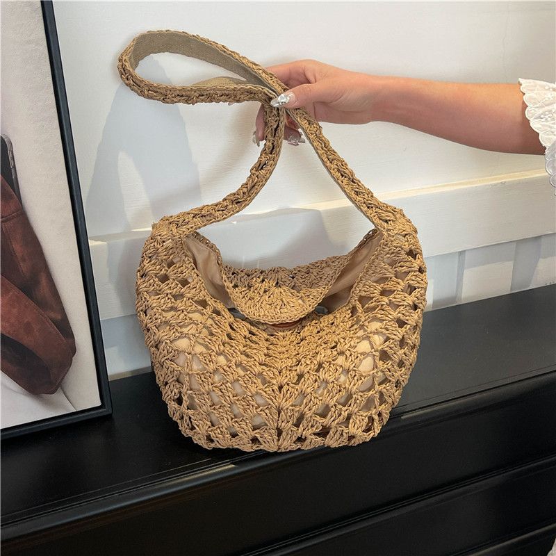 Borsa a tracolla singola in paglia traforata, estiva, per le vacanze in spiaggia, in stile etnico e pigro._voghion.com