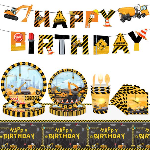 New construction vehicle excavator shovel construction boy party paper cups, paper plates, tablecloths, banners, birthday decorations_voghion.com