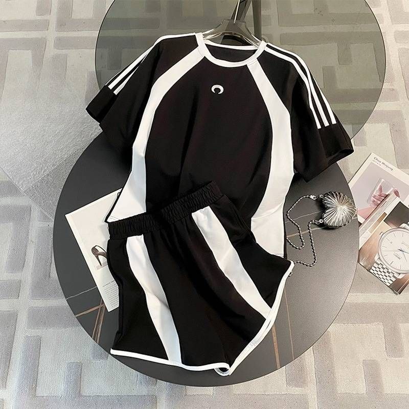 Women’s Clothing Fashionable sports suit women's summer new round neck loose slim contrast color short sleeve shorts two piece suit_voghion.com