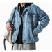 Herrenbekleidung Distressed-Jeansjacke, Oversize-Streetwear-Patchwork-Mantel mit mehreren Taschen – Lässiger, lockerer Schnitt, gewaschene Baumwollmischung (Schwarz/Blau)_voghion.com