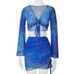 Sexy Two Piece Set Blue Tie Dye Mesh Crop Top Cardigan Mini Skirts Beach Wear Vacation Outfits Summer_voghion.com