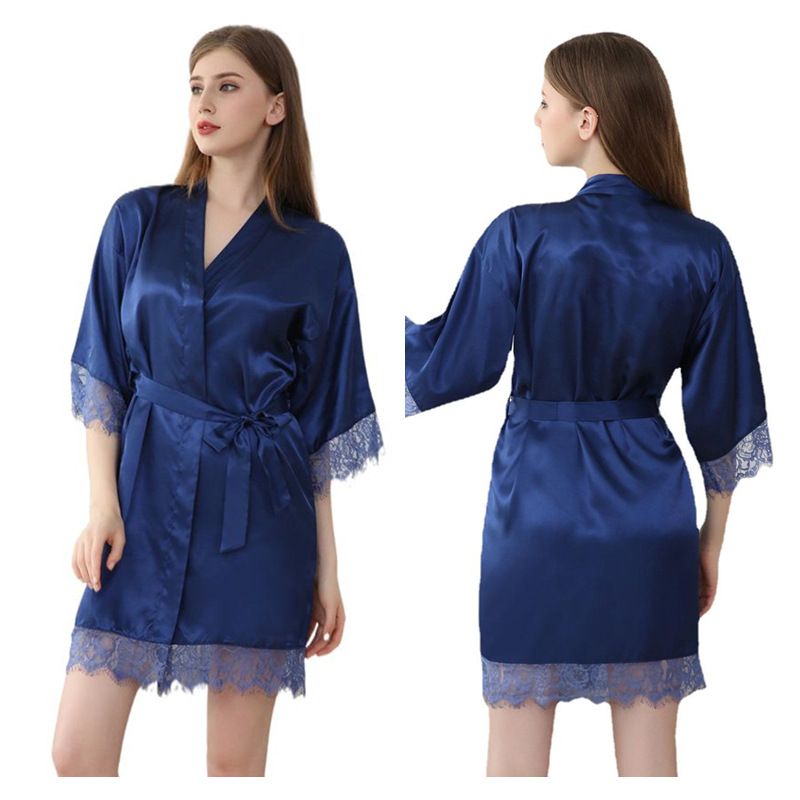 Underwear  Sleeves Sexy Lace Solid Color Home Robe Bathrobe Summer Ladies Silk Cardigan Wedding Gown_voghion.com