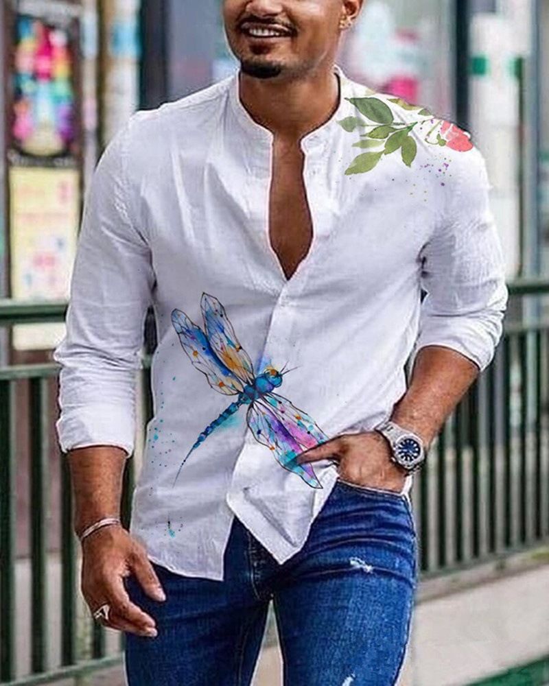 Herrenbekleidung Herrenhemd Rundhals bedruckt Herren Langarmhemd Strickjacke Mann_voghion.com