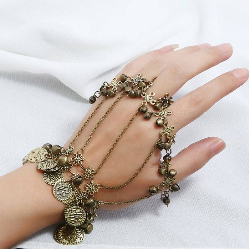 Da Hua Xi You You Zi Xia Xian Zi Shi Bang Kette Ethnisches Ohrpflücken Vintage Münze Verbindungsfinger Quaste Tanzendes Glockenarmband_voghion.com
