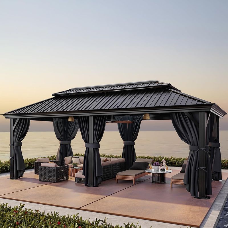 12x20 Hardtop Gazebo With Metal Roof, Heavy Duty Galvanized Steel Gazebo With Reinforced Aluminum Frame, Flame-Resistant Curtains And Netting_voghion.com
