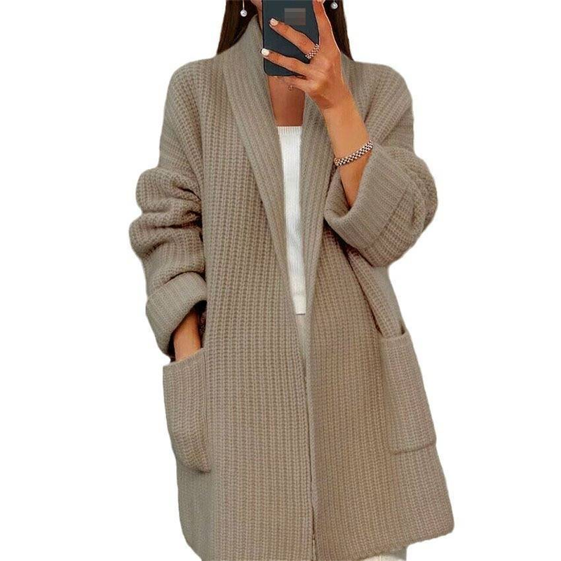 ​​Women’S Oversized V-Neck Cardigan – Thick Knit Open Front Sweater With Pockets (Cream/Camel) – Cozy Winter & Fall Layering Essential​​_voghion.com