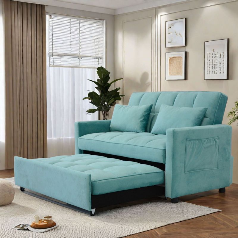 55.2" Velvet Two Seater Pull Out Sofa Bed, Adjustable Backrest With Two Side Pockets, 3 In 1 Convertible Living Room Sleeper Sofa Bed_voghion.com