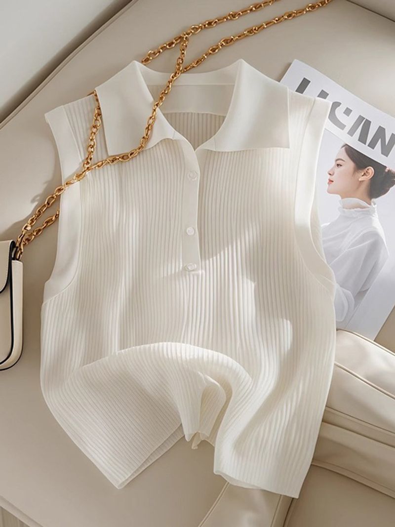 Women's Clothing Summer Unique White Polo Collar Knitted Vest Beautiful Design Sleeveless Top_voghion.com