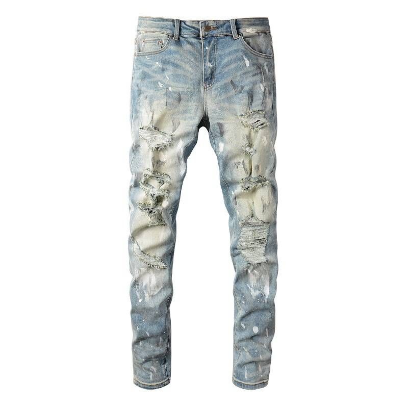 Men's Jeans Trendy Brand Retro Paint Hole Patch Men's Jeans_voghion.com