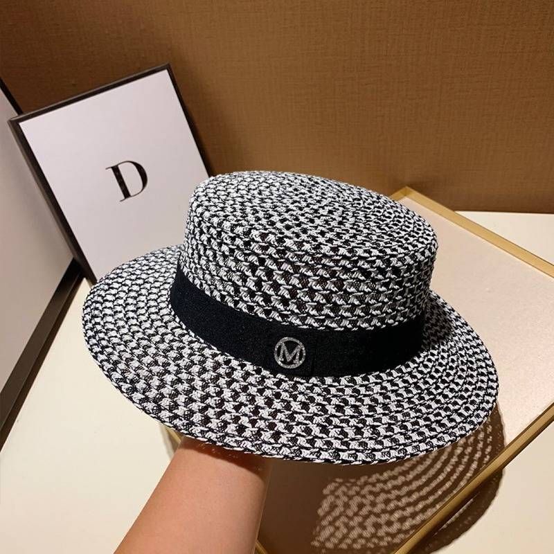 Che Ma Hochwertiger schwarz-weiß karierter Flachhut mit breiter Krempe für Damen, Strohhut für Frühling und Sommer, Sonnenschutzhut_voghion.com