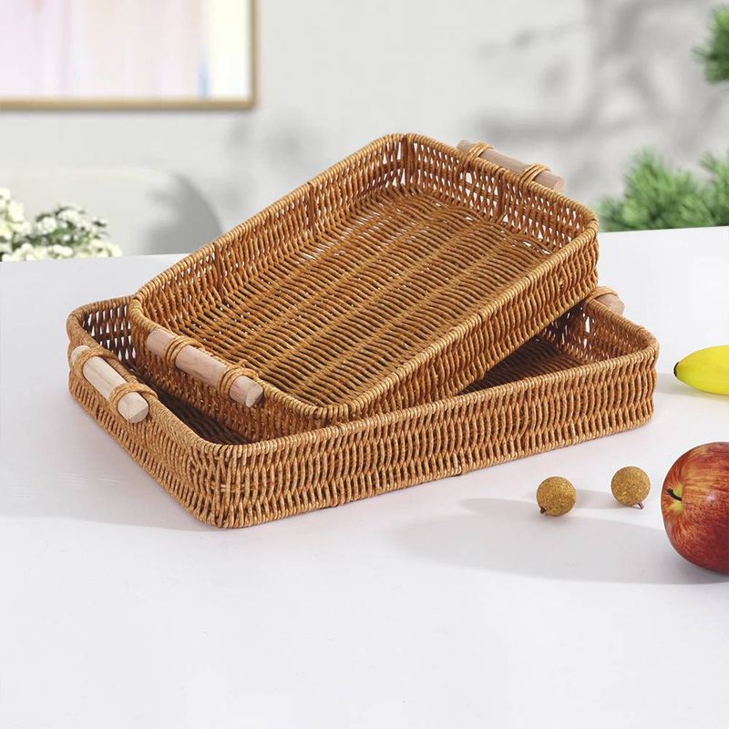 Cestini portaoggetti naturali intrecciati a mano con manici in legno, 2 pezzi: organizer elegante e multifunzionale per l'arredamento della casa! Resistenti ed eleganti, perfetti per qualsiasi stanza._voghion.com