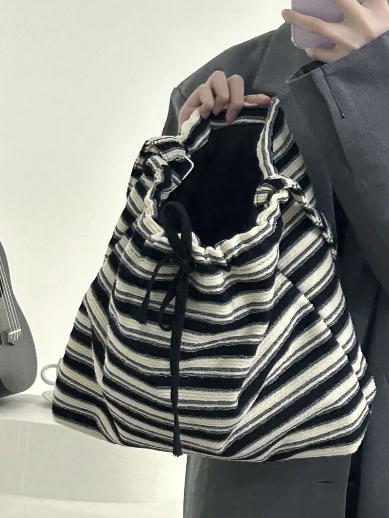 casual Lazy Style Striped Fashion Canvas 2025 Spring And Autumn New Knitting Large Capacity Shoulder Handbag Fashionable Versatile_voghion.com