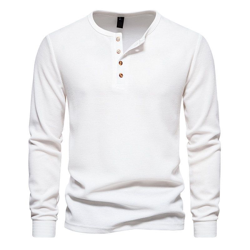 Autumn and Winter New for Bottom Four Button Waffle Henry Collar Men's Long sleeved T-shirt_voghion.com