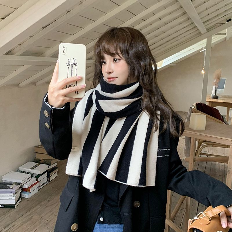 Korean version new contrasting striped knitted women's autumn winter students, warm and versatile, neck protection for_voghion.com