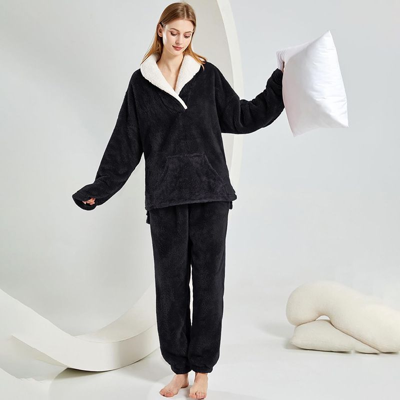 Women's Cozy Fleece Pajama Set With Kangaroo Pocket - Winter Warm Sleepwear & Loungewear For Home, Soft And Comfortable, Plus Size Available_voghion.com