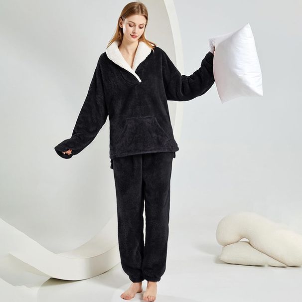 Women's Cozy Fleece Pajama Set With Kangaroo Pocket - Winter Warm Sleepwear & Loungewear For Home, Soft And Comfortable, Plus Size Available_voghion.com