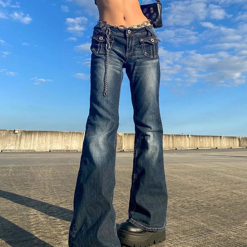 Women's Clothing Ins Fashion Retro Old Trend Hot Girl Low Waist Pocket Jeans For Women_voghion.com