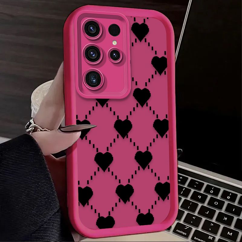 Pixel Love Heart Grid Phone Case For Samsung Galaxy S24 S23 S25 Ultra S22 S21 Plus FE 5G A54 A34 A14 A73 A53 A33 5G Soft Cover_voghion.com