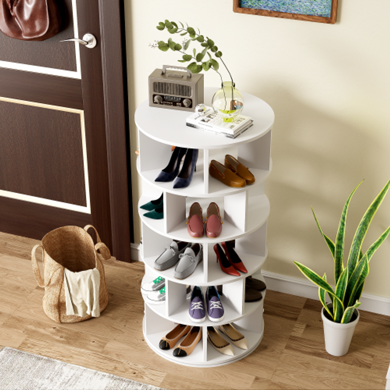 Schuhregal, Drehbarer Winkel, Weiß Rund, 5 Ebenen, Höhe 115 Cm, Breite 60 Cm_voghion.com
