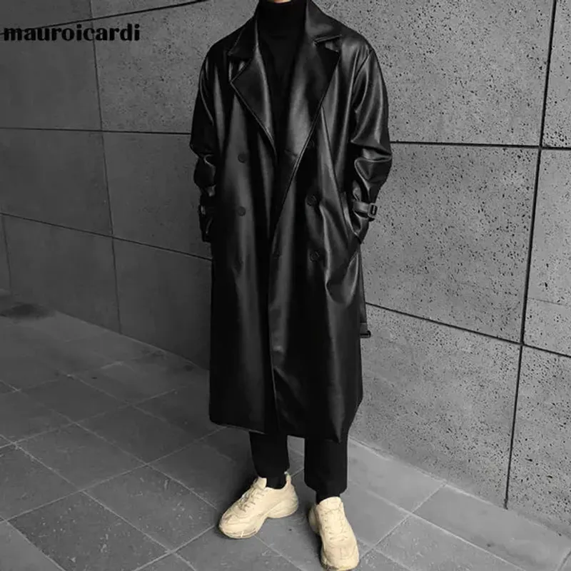 Uomo in pelle finta Mauroicardi Primavera Autunno lungo nero trench oversize 2022 Cappotti con cintura a tracolla per T221102_voghion.com